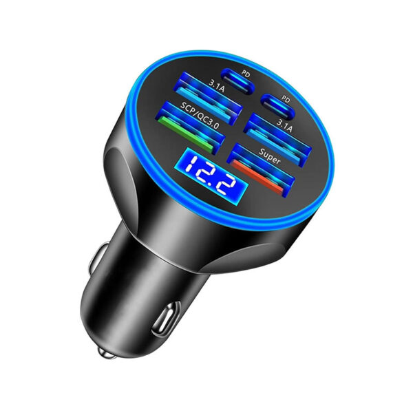6 1 Super Fast Charge USB C Car Phone Charger Adapter 250W Multi-port Pd Qc3.0 Voltage Display Cigarette Lighter USB Charge