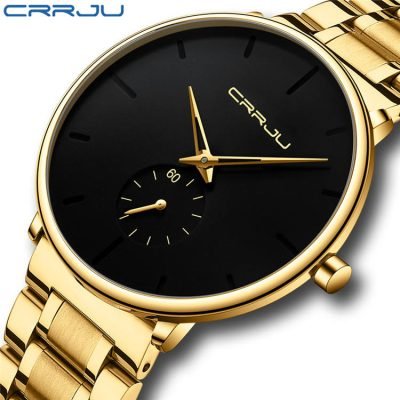 CRRJU 2150 Gold Stainless Steel Minimalist Male Analog Clock Waterproof Quartz Wrist Watch Classic Luxury Brand Watches for Men
