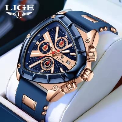 LIGE 89103 New Blue Sports Triangle Mens Watches Luminous Pointers Fashion Rubber Strap Quartz Wristwatch Waterproof Watch