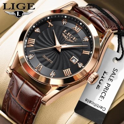 LIGE LG89141 Leather Brown Men's Chronograph Quartz Wrist Watch Roman Numeral Sports Wristwatch +Gift Box Relogio Masculino