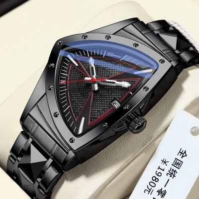 Fashion Hollow Men's Alloy Triangle Case 37mm Stainless Steel Quartz Watch Pointer Luminous 30M Water Resistant