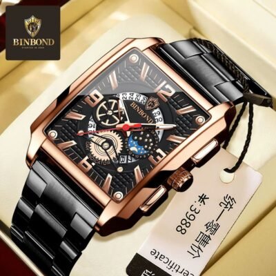Hot BINBOND Men Watch Top Brand Luxury Business Quartz Mens Watches Waterproof Hollow Out Wristwatch Men Gold Relogio Masculino