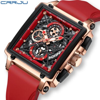 CRRJU 2312 Stainless Steel Case Silicone Band Quartz Watch Glass Pointer Men's Fashion Business Waterproof Square Hollow Design